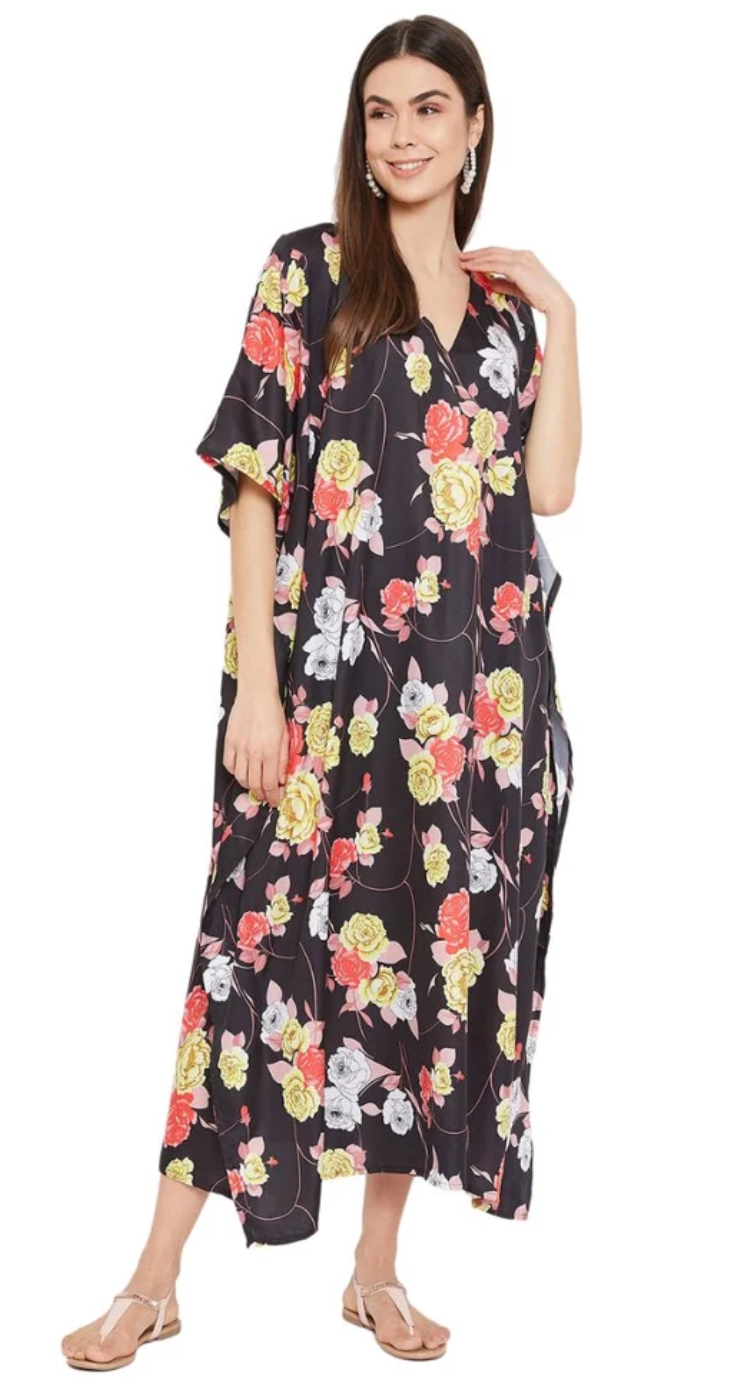 Black Floral Bouquet Polyester Plus Size Kaftan for Women 1X-3X 3/4 Sleeve | GypsieBlu
