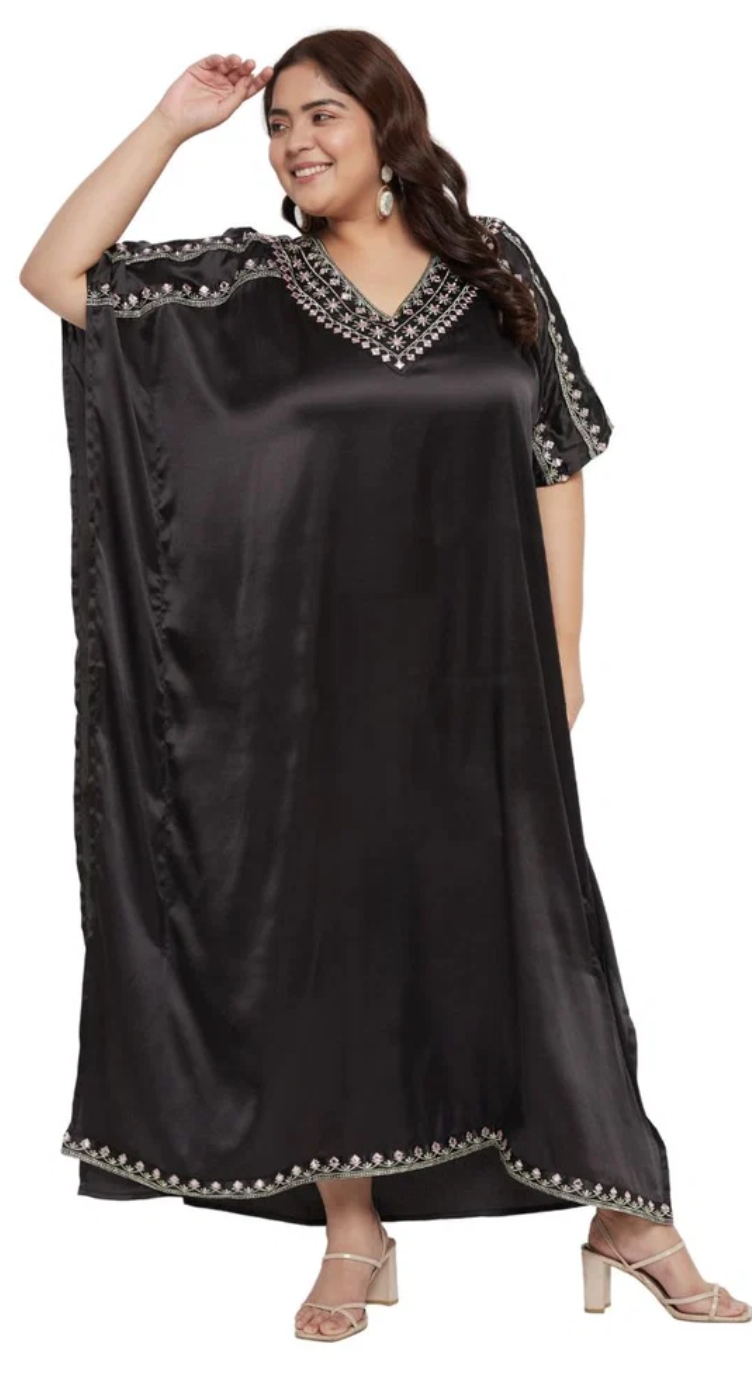 Black Embroidered Shoulder-Trim Satin Plus Size Kaftan Dress for Women 1X-3X V Neck | GypsieBlu