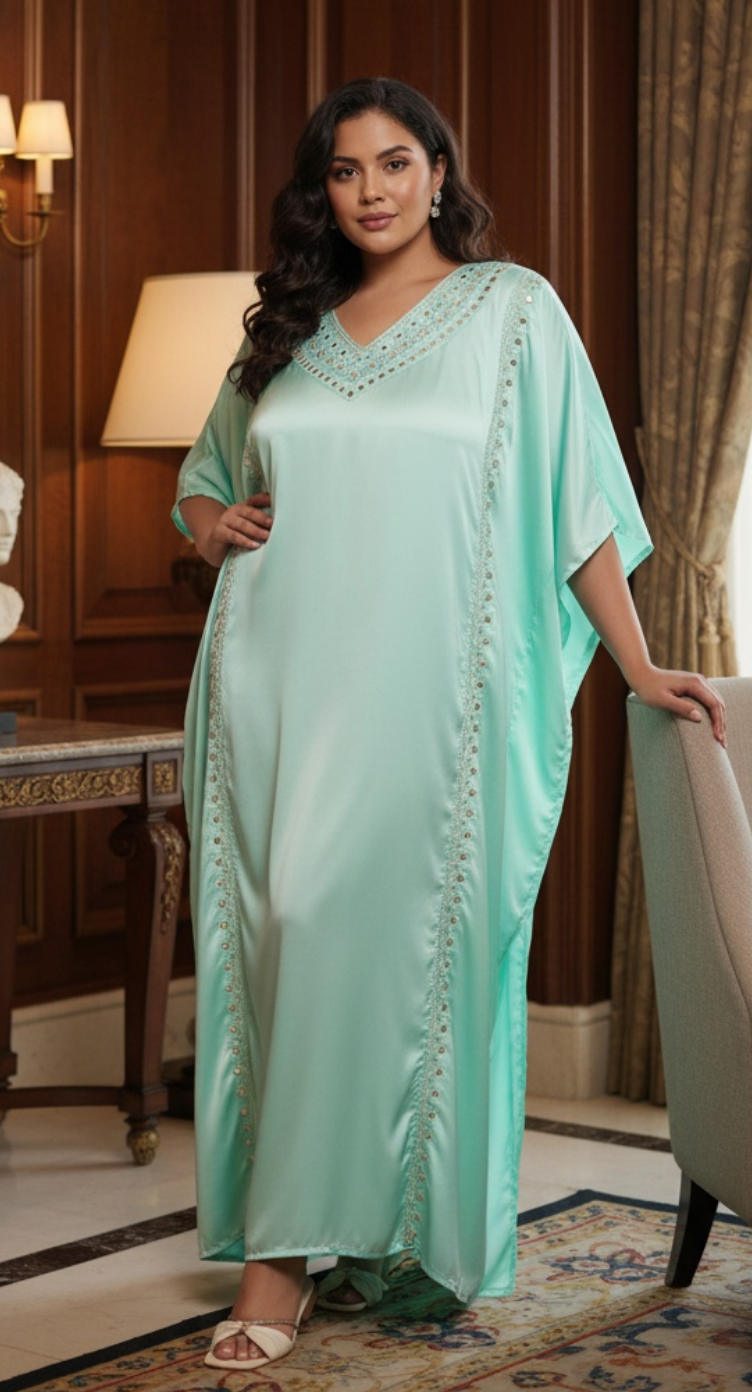 Solid Ice Green Plus Size Satin Kaftan Dress For Women