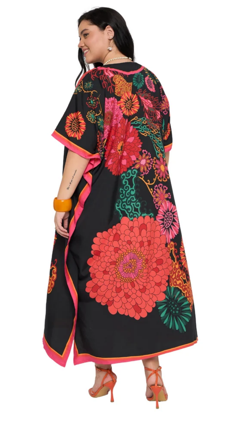 Black Mandala Flower Burst Polyester Plus Size Kaftan for Women 1X-3X V Neck | GypsieBlu