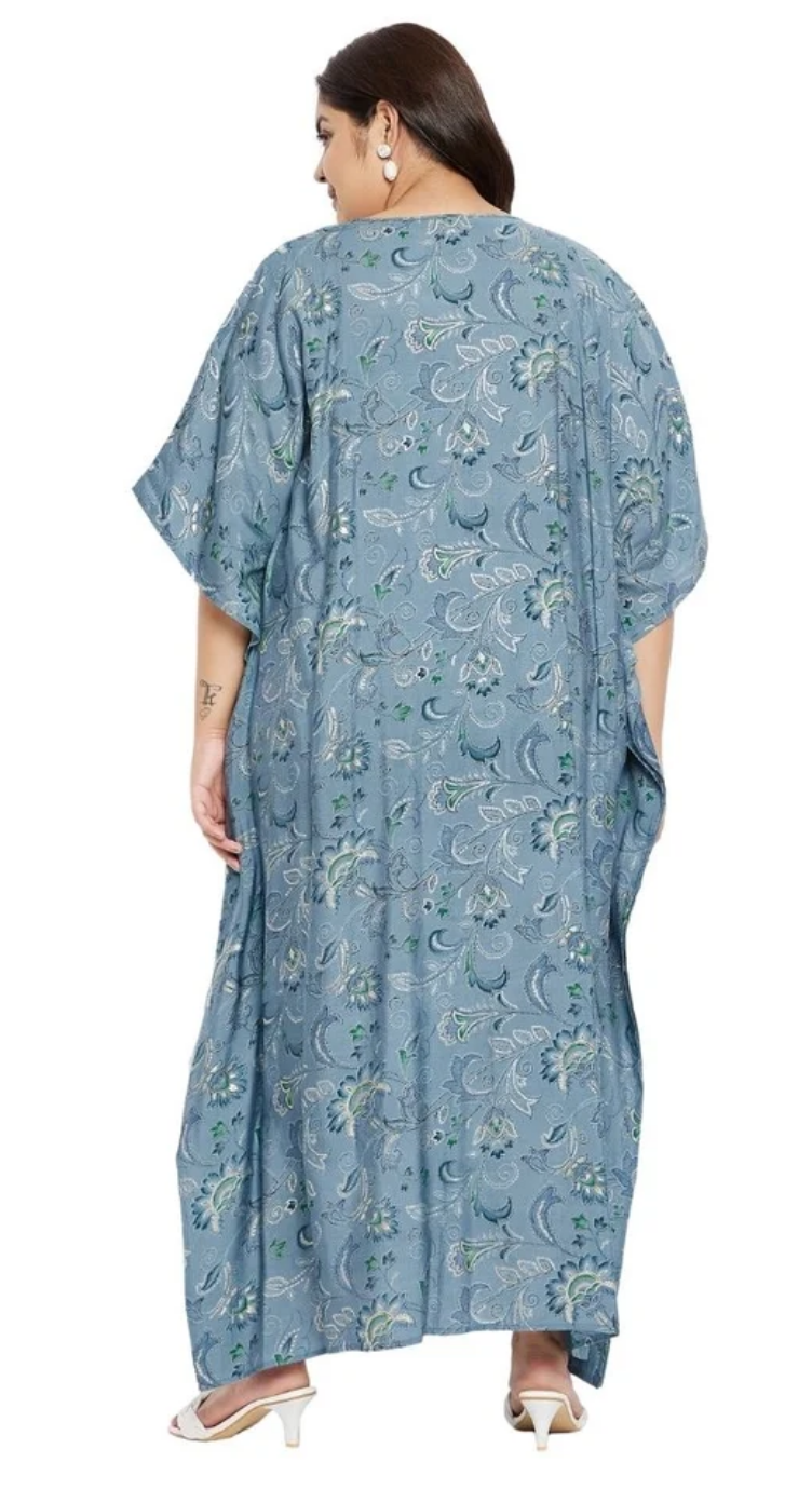 Blue Floral Paisley Vine Cotton Plus Size Kaftan Dress for Women 1X-3X 3/4 Sleeve | GypsieBlu