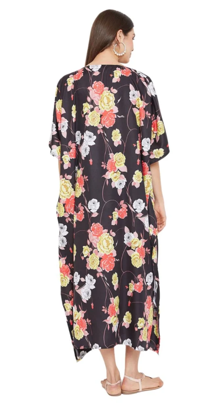 Black Floral Bouquet Polyester Plus Size Kaftan for Women 1X-3X 3/4 Sleeve | GypsieBlu