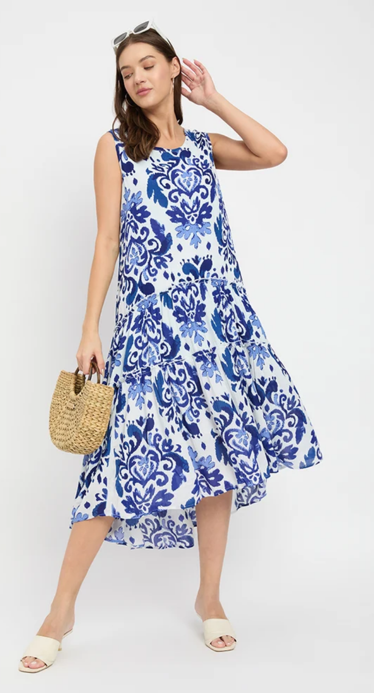 Blue & White Damask Dress for Women S-XL | GypsieBlu
