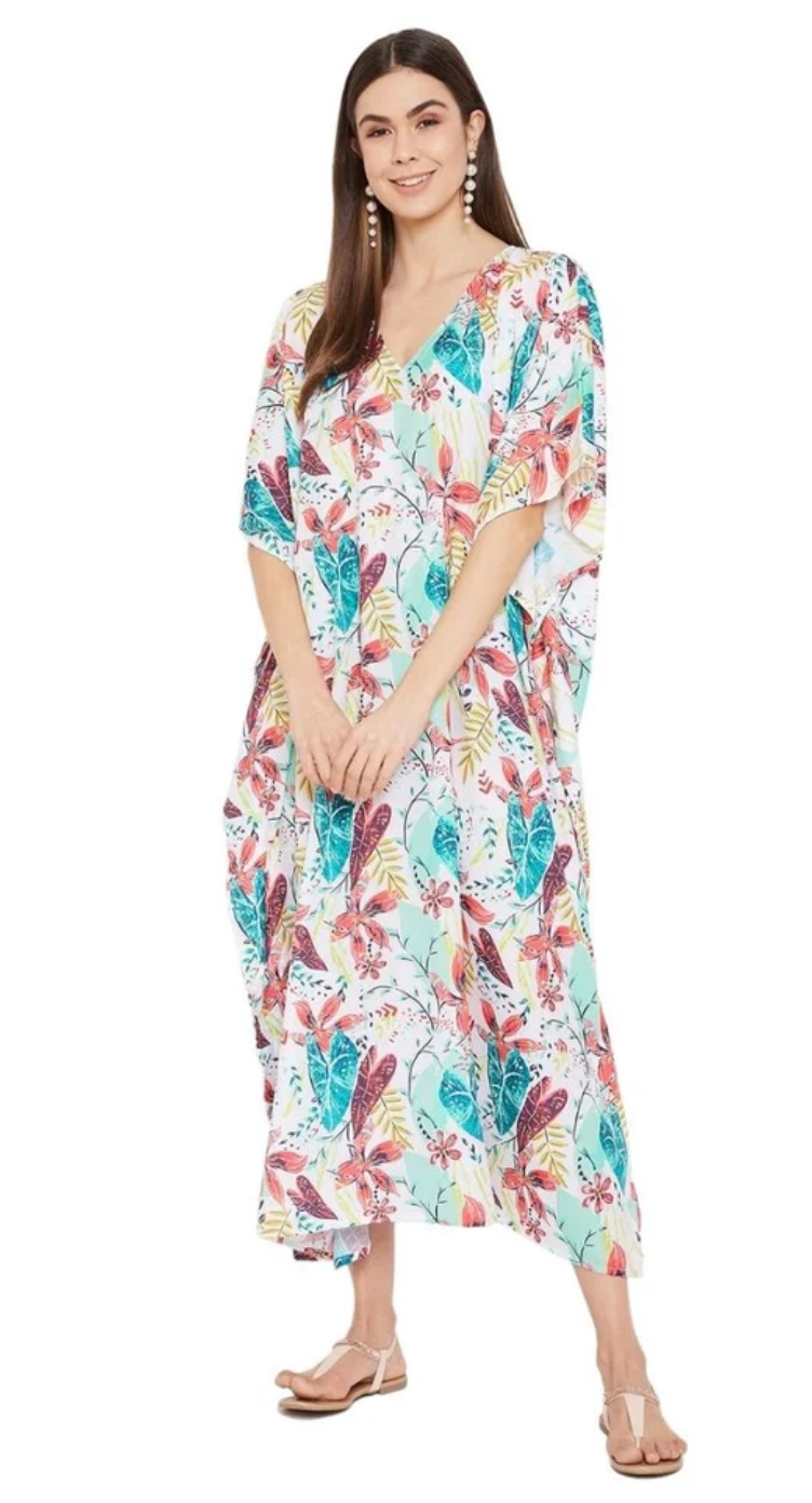 White Floral Tropical Polyester Plus Size Kaftan for Women 1X-3X 3/4 Sleeve | GypsieBlu