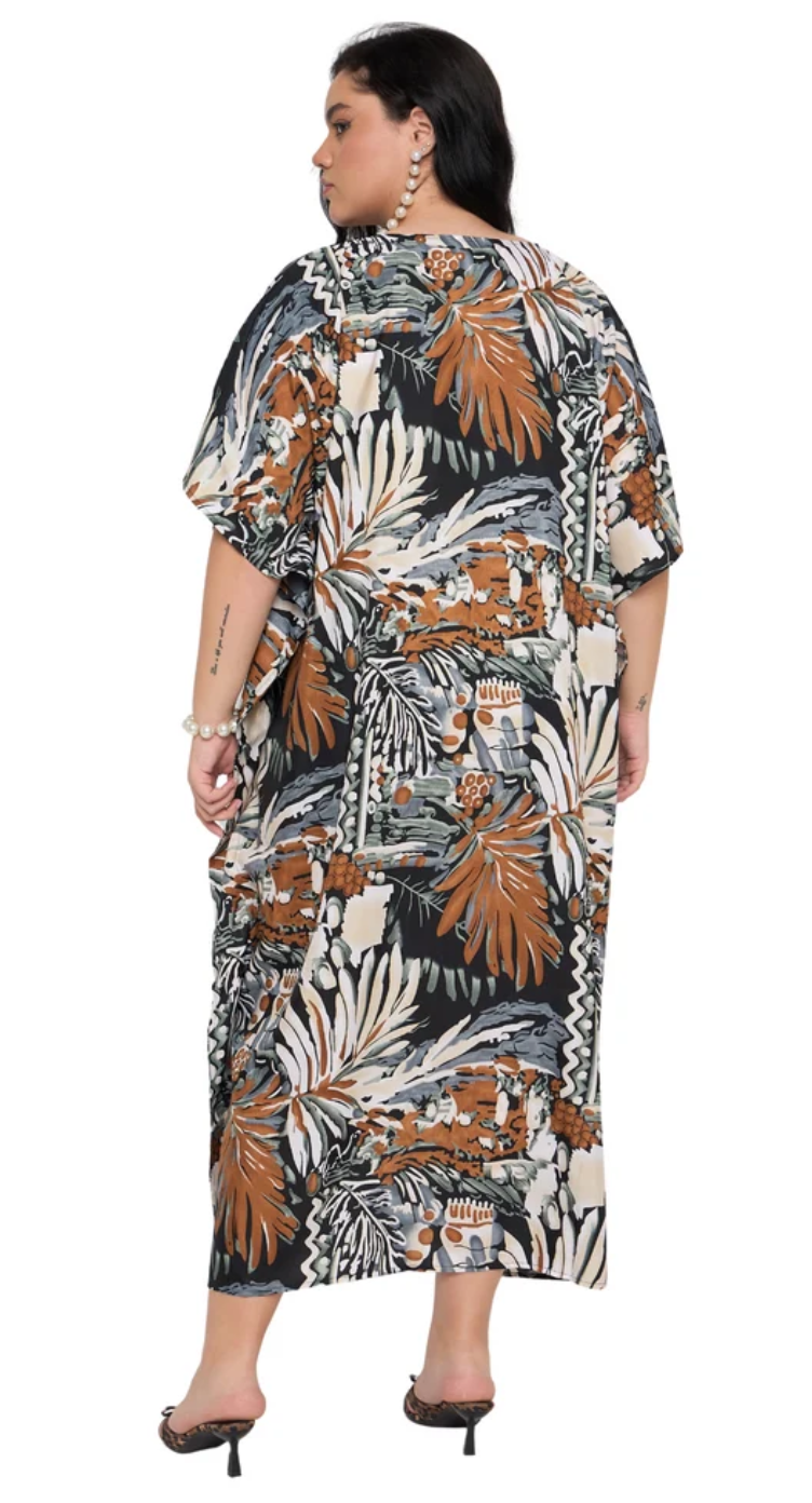 Black Tropical Palm Polyester Plus Size Kaftan for Women 1X-3X V Neck | GypsieBlu