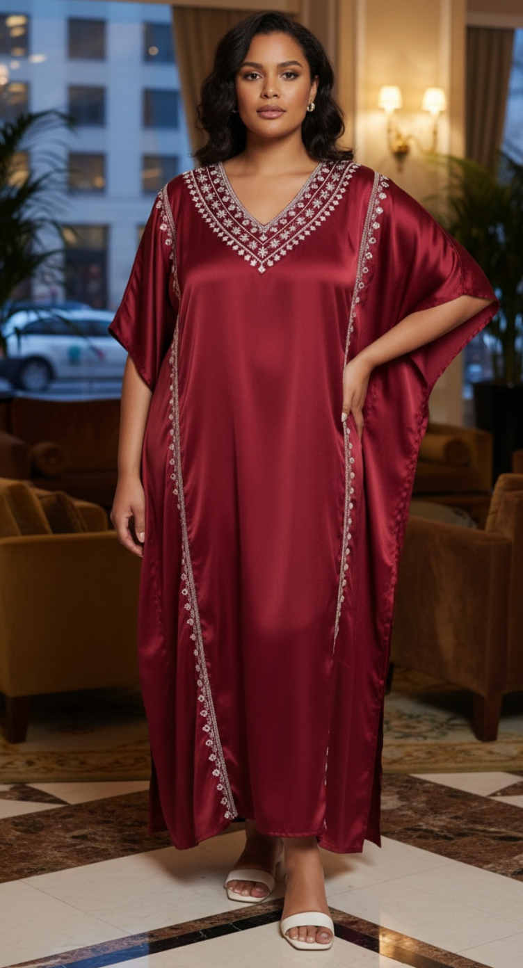 Jester Red Satin For Plus Size Women Kaftan With Embroidery