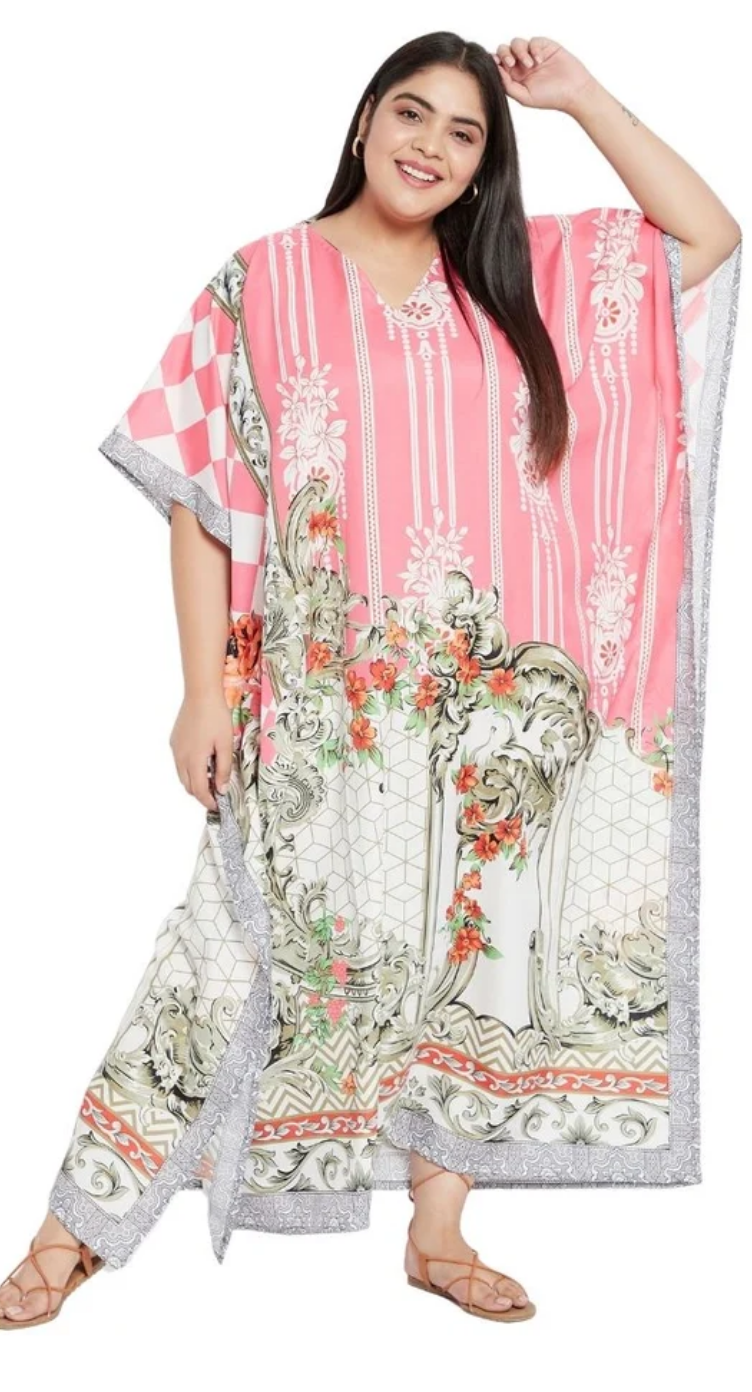 Pink Baroque Floral Polyester Plus Size Kaftan for Women 1X-3X | GypsieBlu