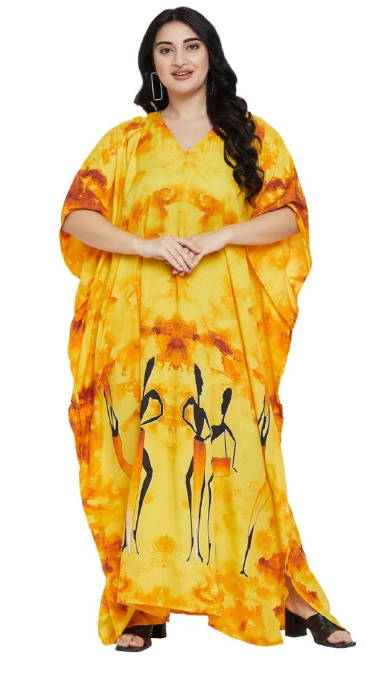 Yellow Mandala Starburst Polyester Plus Size Kaftan for Women 1X-3X | GypsieBlu
