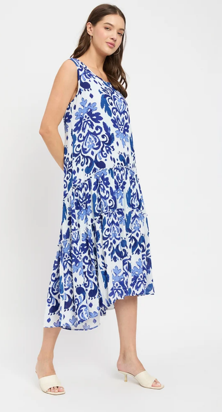 Blue & White Damask Dress for Women S-XL | GypsieBlu