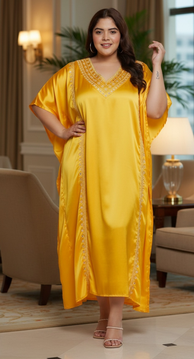 Women Dress Plus Size Kaftan Solid With Embroidery Lace Yellow Satin
