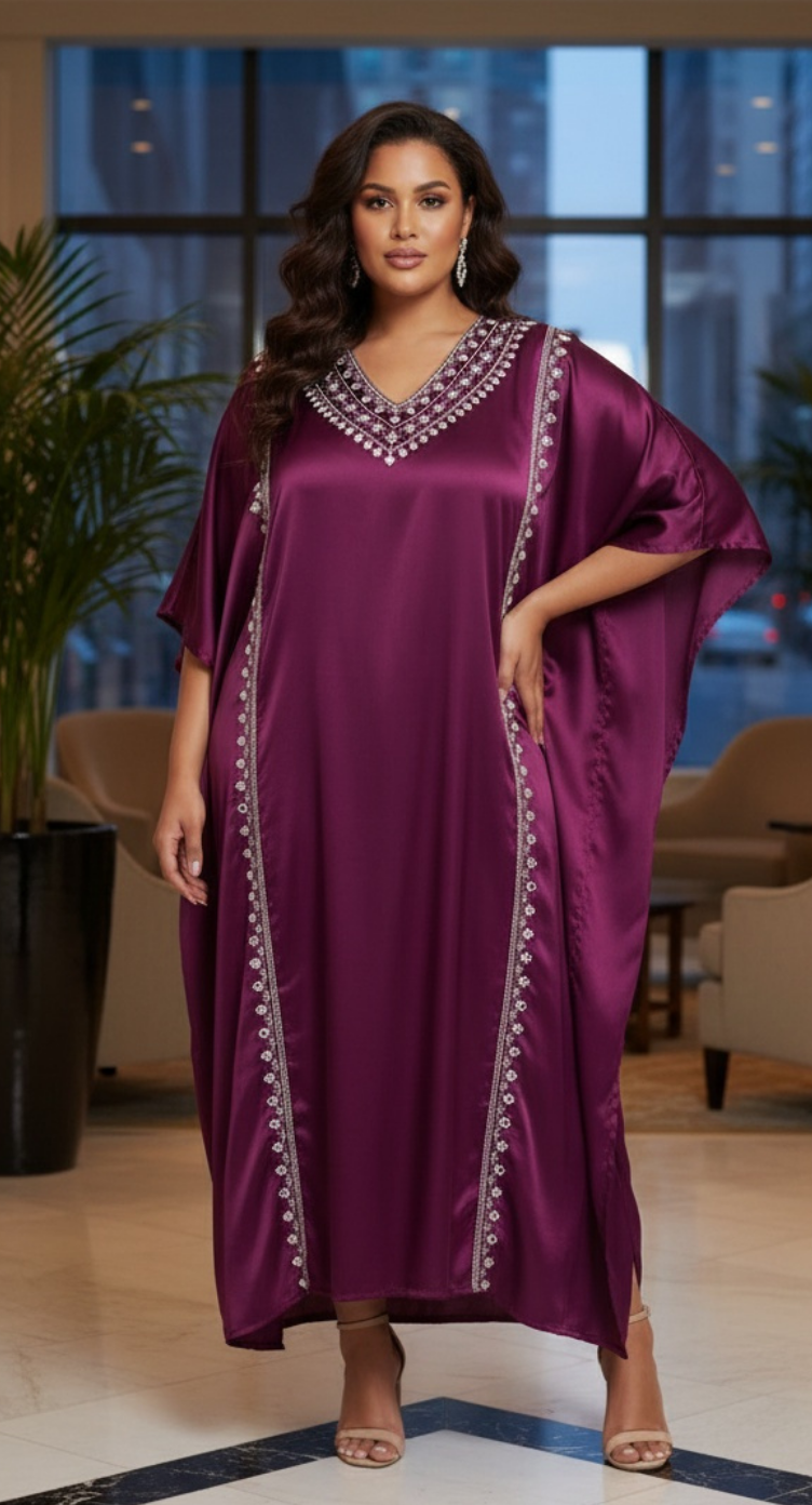 Solid Purple Satin Embroidered Casual Caftan Dress for Women