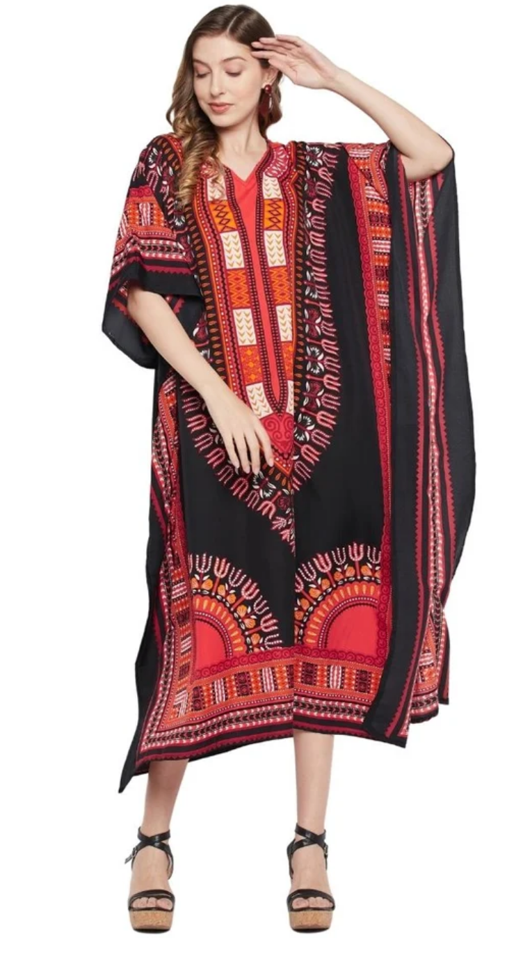 Black Dashiki Sunburst Polyester Plus Size Kaftan for Women 1X-3X | GypsieBlu