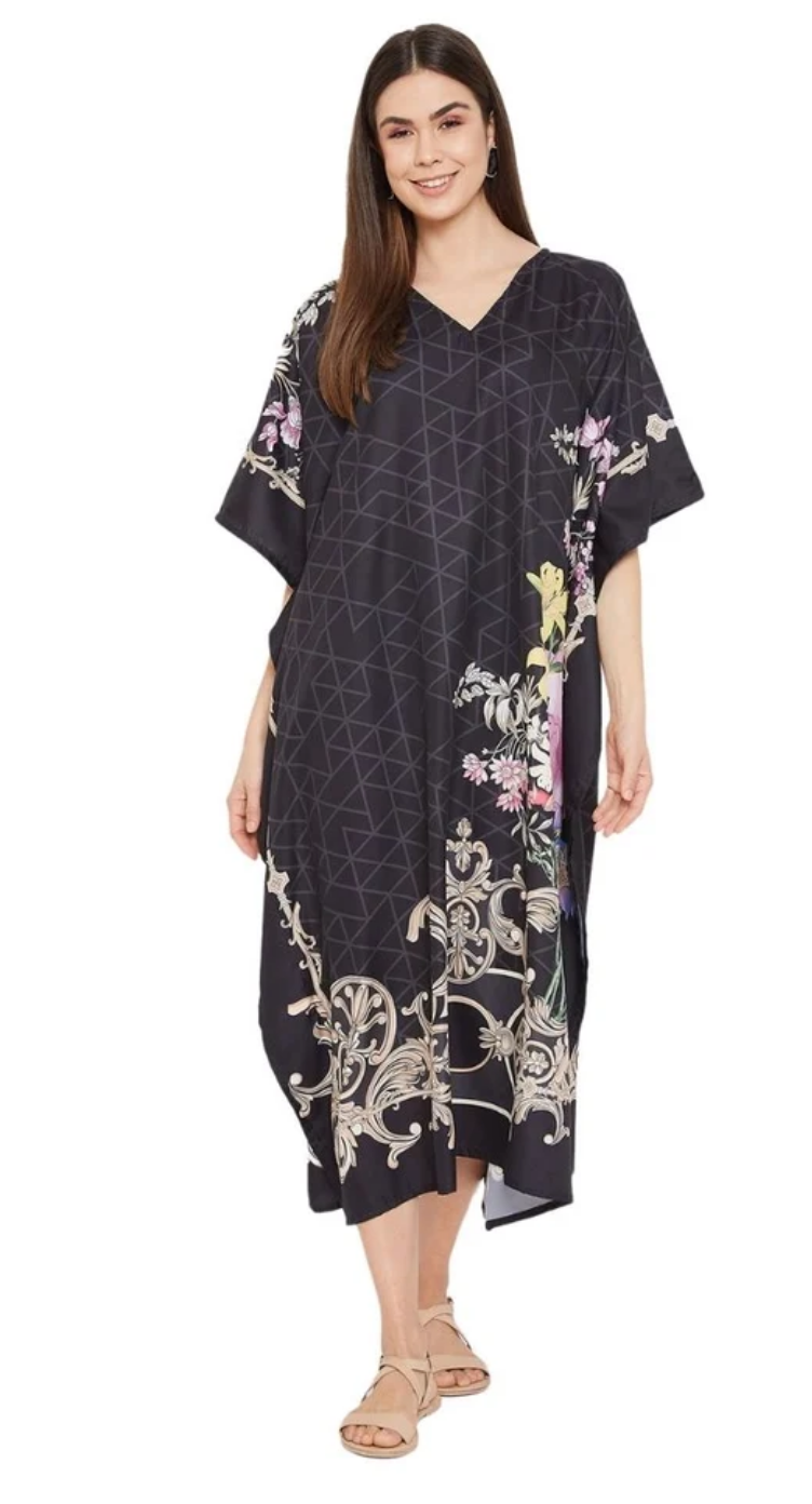 Black Floral Scroll Polyester Plus Size Kaftan for Women 1X-3X | GypsieBlu