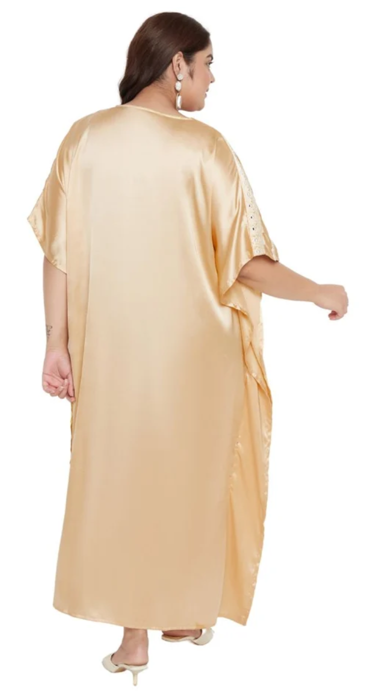 Beige Embroidered Satin Plus Size Kaftan Dress for Women 1X-3X V Neck | GypsieBlu