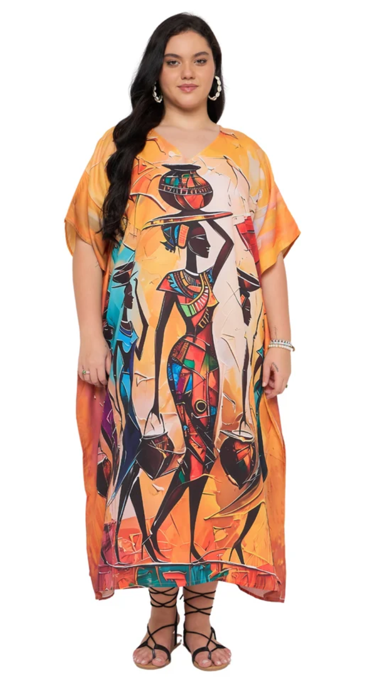 Orange African-Figures Abstract Cubist Polyester Plus Size Kaftan for Women 1X-3X | GypsieBlu
