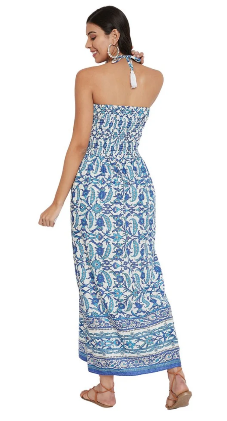 Blue Paisley Polyester Tube Dress for Women S-XL Sleeveless Halter Neck | GypsieBlu