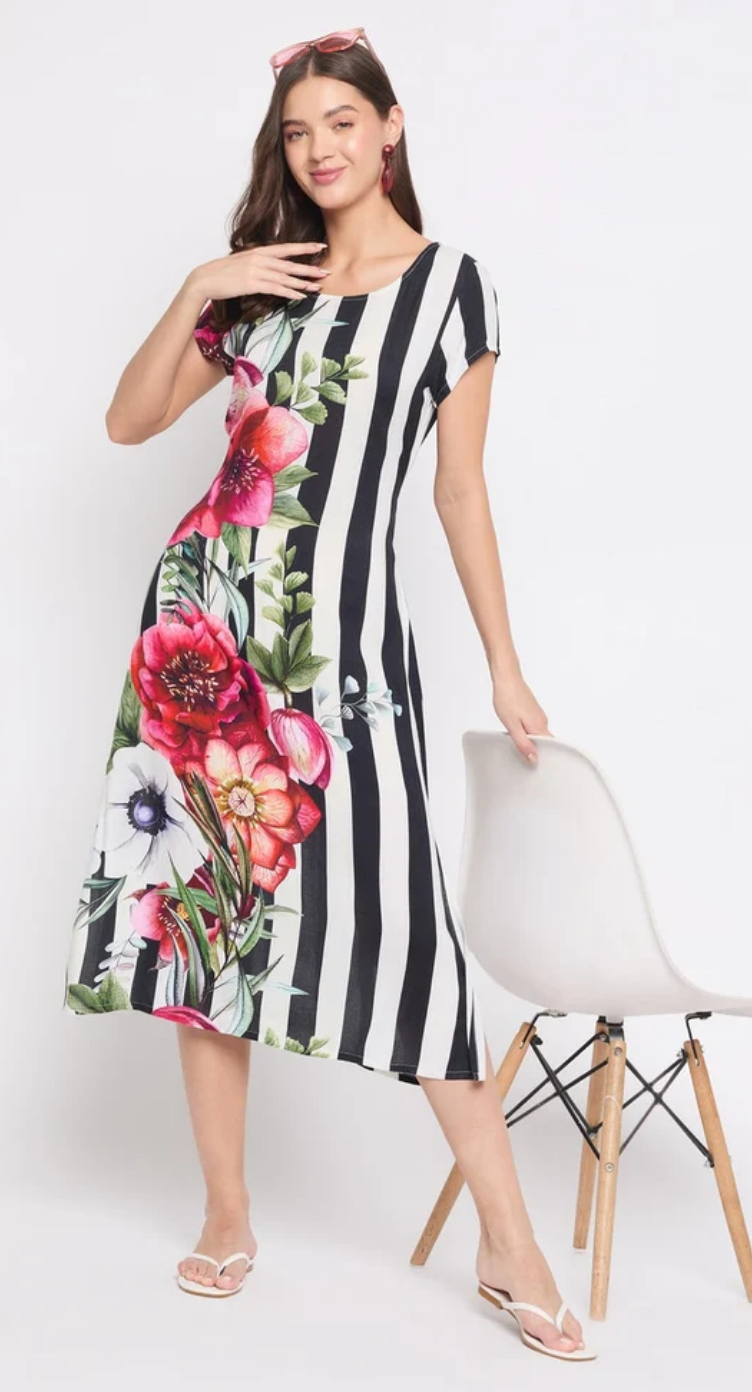 Multicolor Striped & Floral Rayon Midi Dress for Women S-XL | GypsieBlu