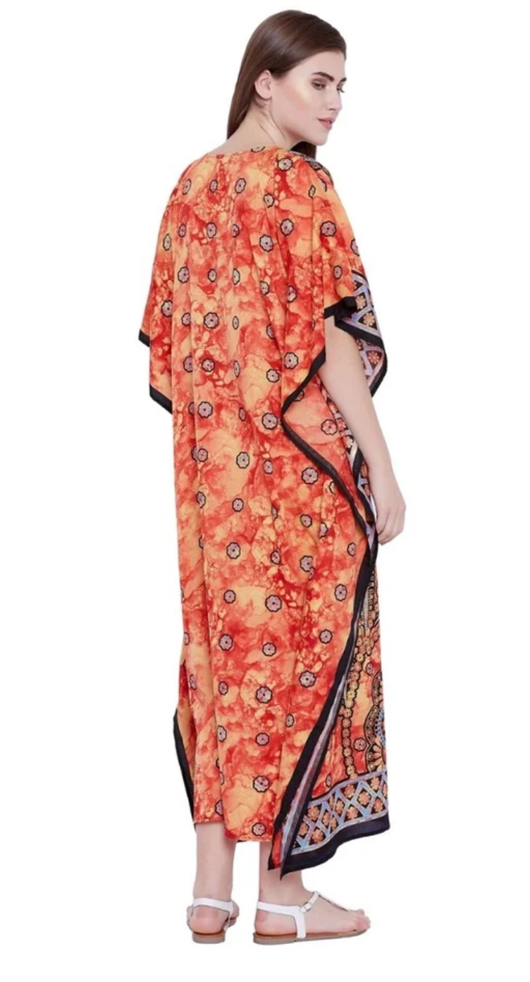 Orange Paisley Feather Polyester Plus Size Kaftan for Women 1X-3X | GypsieBlu