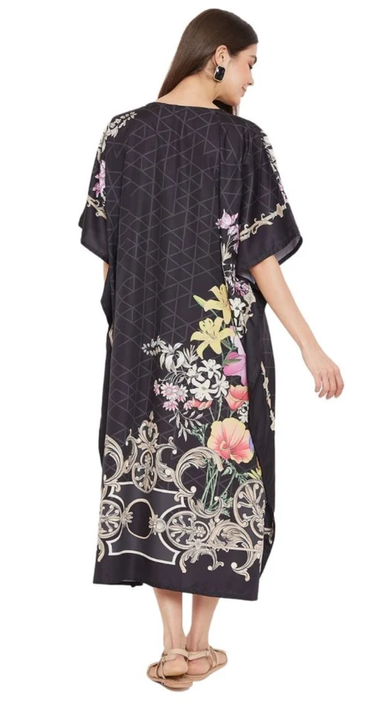 Black Floral Scroll Polyester Plus Size Kaftan for Women 1X-3X | GypsieBlu