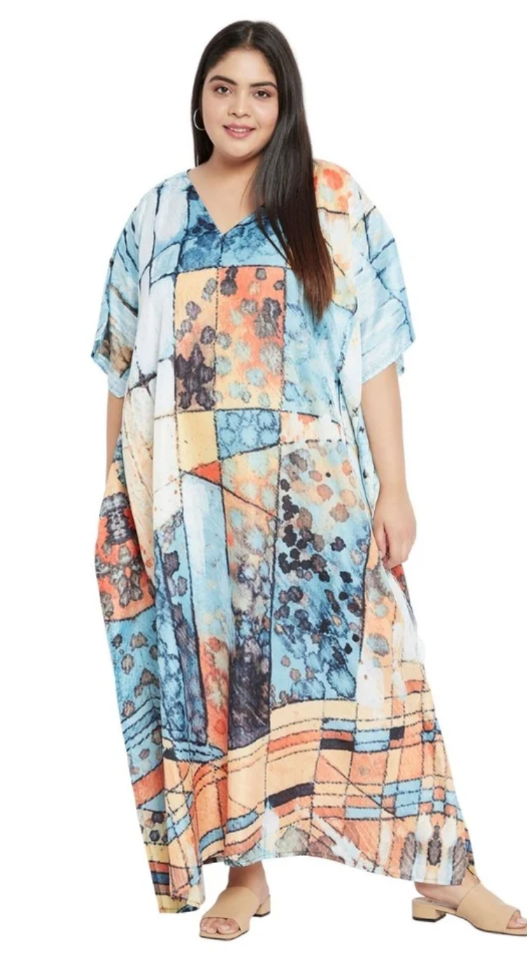 Multicolor Abstract Patchwork Tie-Dye Polyester Plus Size Kaftan for Women 1X-3X 3/4 Sleeve | GypsieBlu