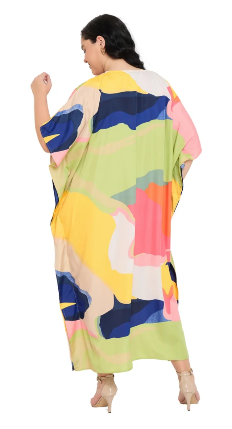 Multicolor Abstract Watercolor Plus Size Kaftan for Women 1X-3X | GypsieBlu