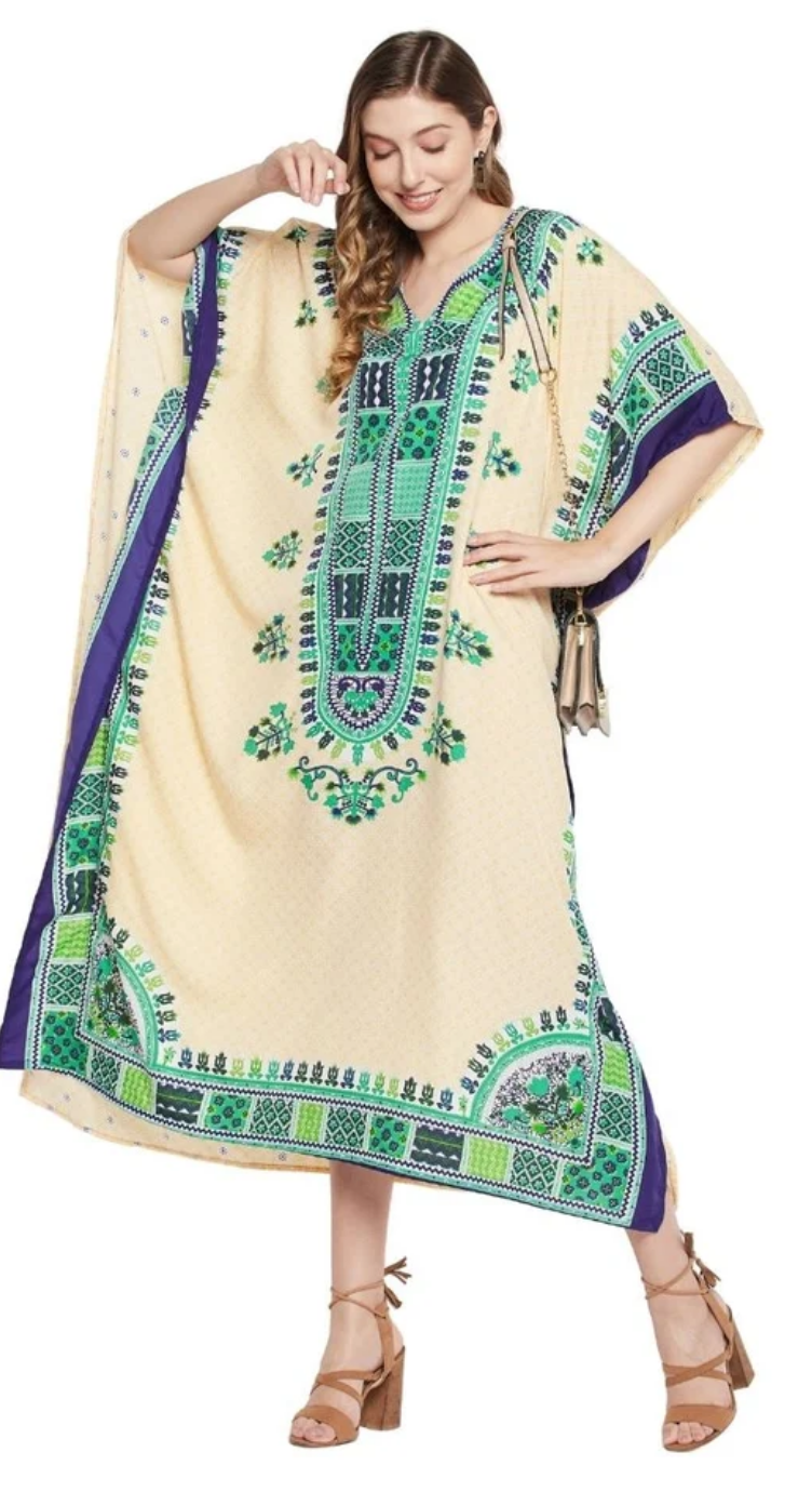 White & Green Boho Dashiki Polyester Plus Size Kaftan for Women 1X-3X V Neck | GypsieBlu