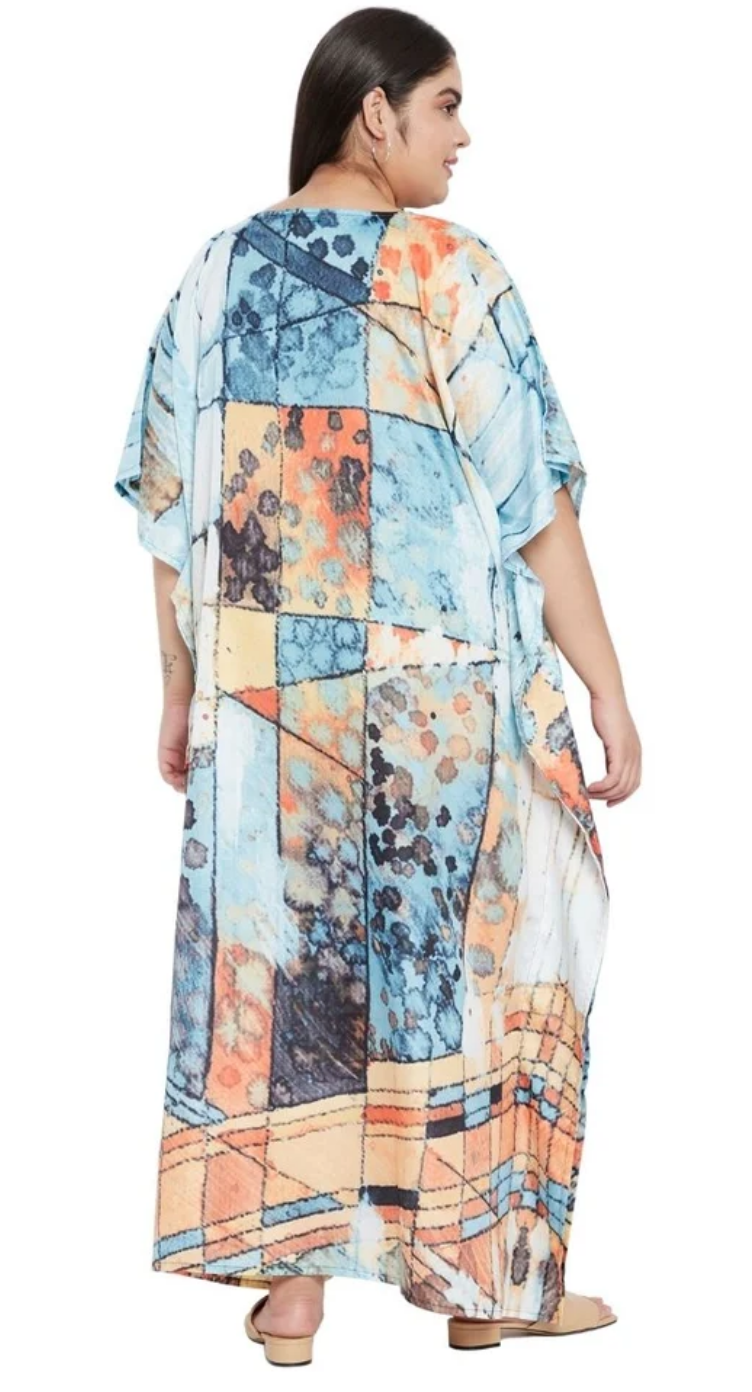 Multicolor Abstract Patchwork Tie-Dye Polyester Plus Size Kaftan for Women 1X-3X 3/4 Sleeve | GypsieBlu