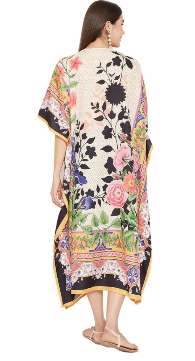 Cream & Black Floral Scarf Polyester Plus Size Kaftan for Women 1X-3X 3/4 Sleeve | GypsieBlu