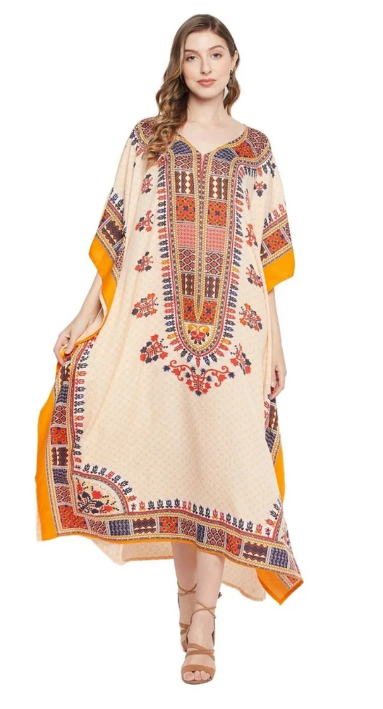 White & Orange Boho Dashiki Polyester Plus Size Kaftan for Women 1X-3X V Neck | GypsieBlu