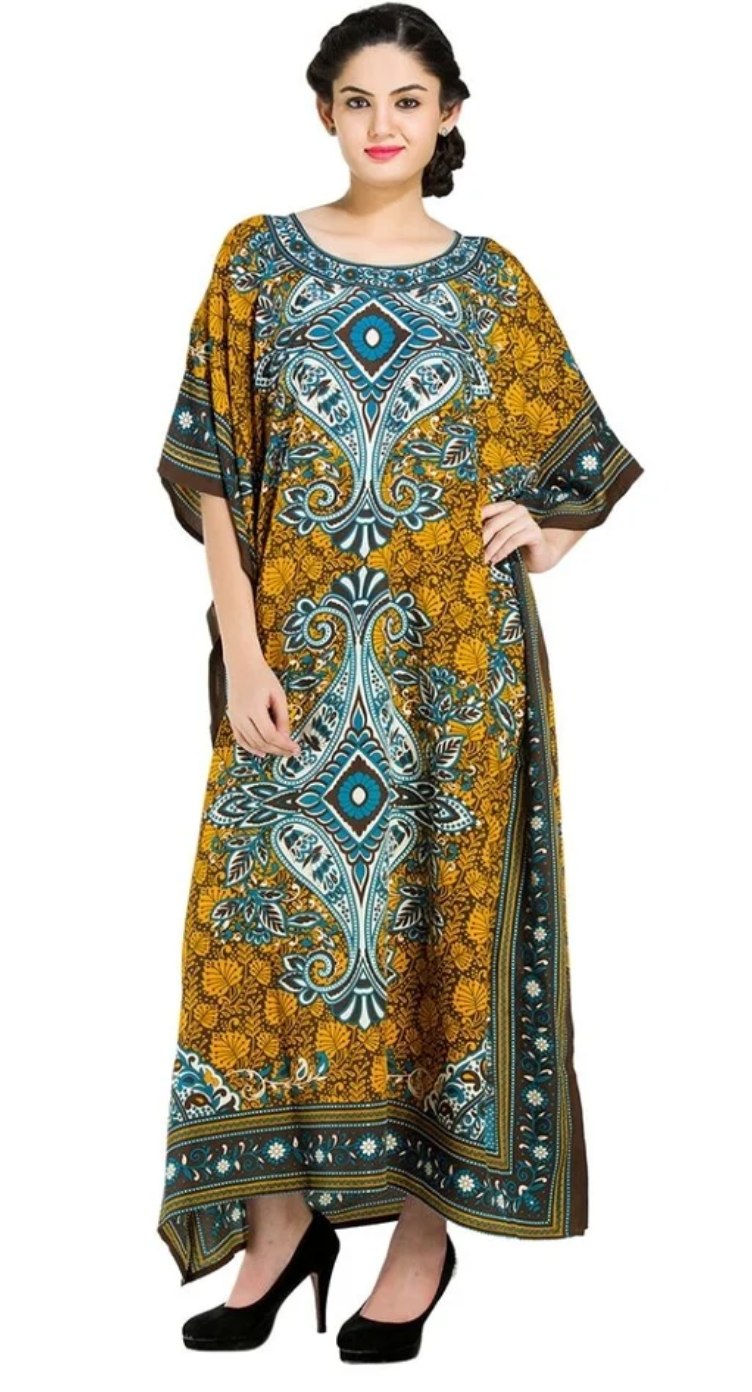 Teal Yellow Medallion Paisley Polyester Plus Size Kaftan for Women 1X-3X | GypsieBlu