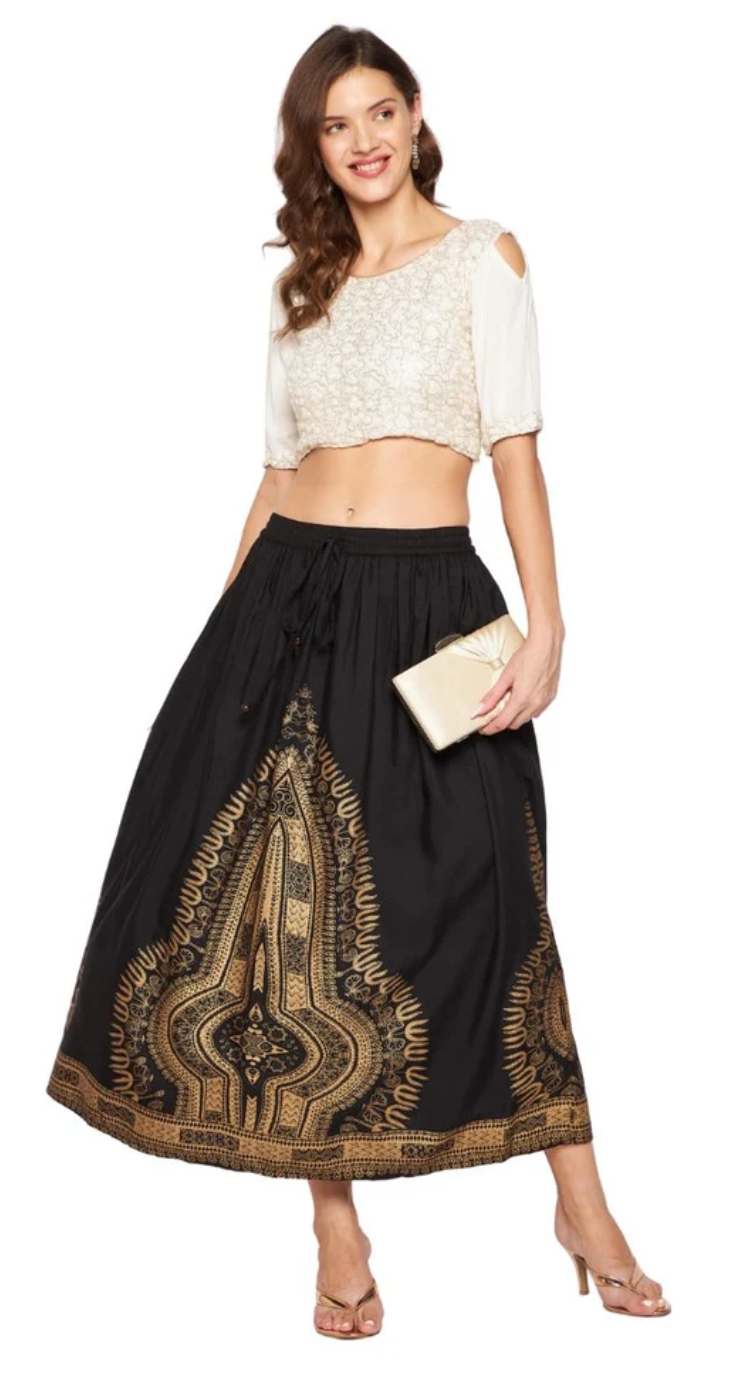 Black Dashiki Rayon Skirt for Women S-XL | GypsieBlu