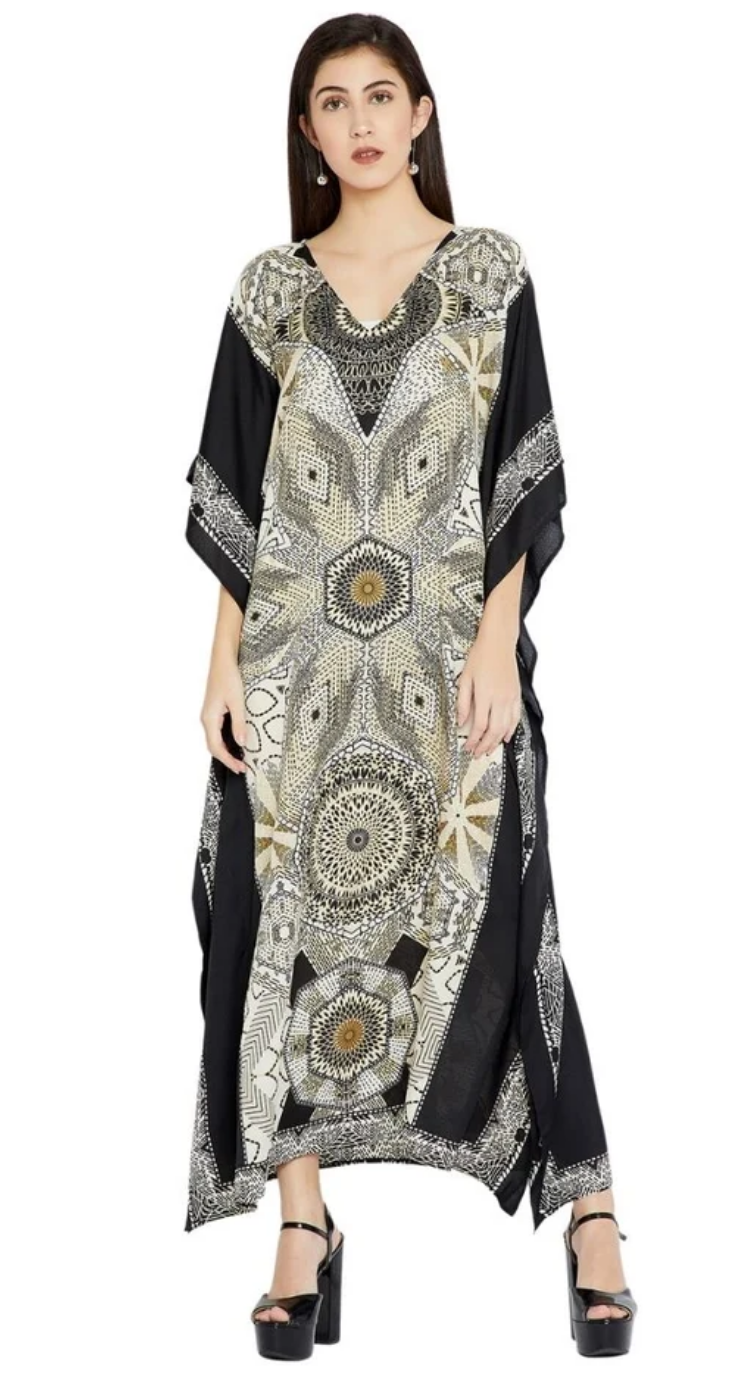 Black Mosaic Medallion Polyester Plus Size Kaftan for Women 1X-3X | GypsieBlu