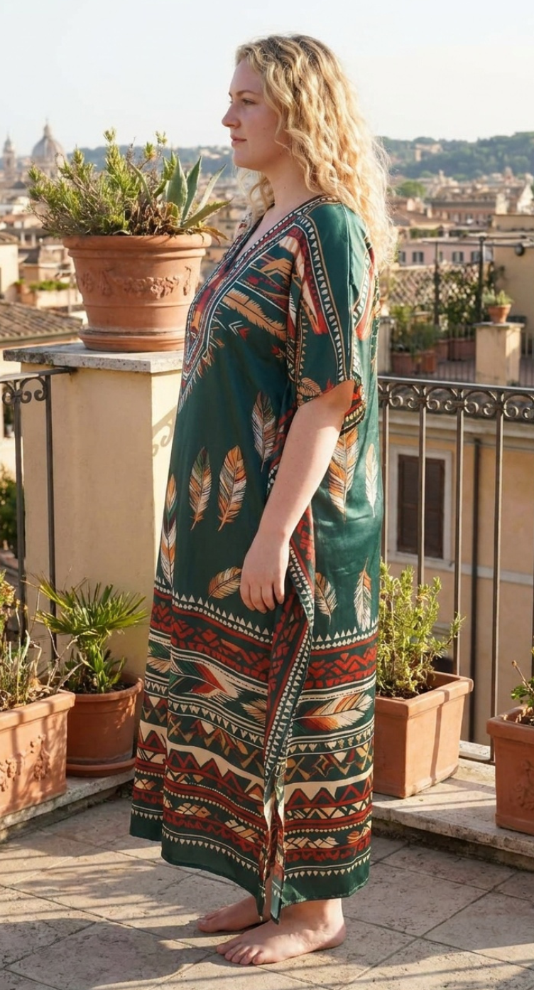 Deep Teal Tribal Satin Women Plus Size Kaftan Cruise Dress