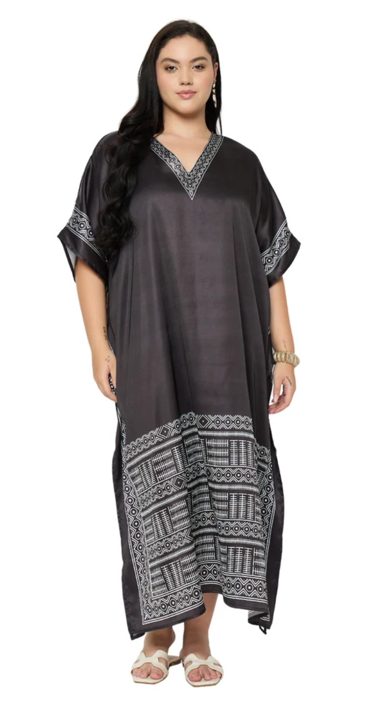 Black Bordered Tribal Satin Plus Size Kaftan Dress for Women 1X-3X 3/4 Sleeve | GypsieBlu