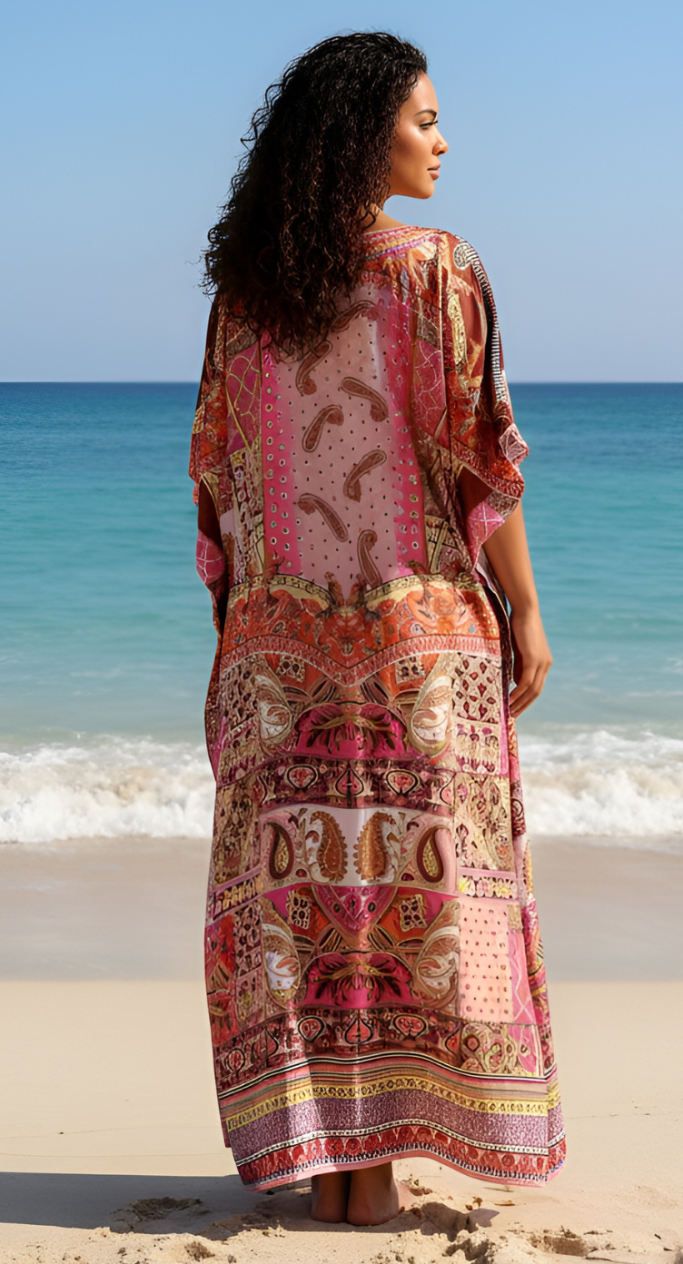 Ornamental Red Satin Silk Caftan Dress For Women Plus Size