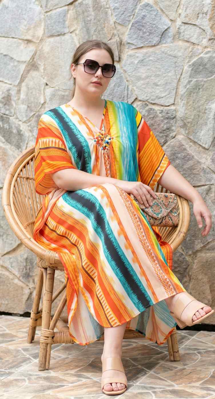 Multicolor Striped Polyester Women Plus Size Kaftan Beach Maxi Dress 1X-3X