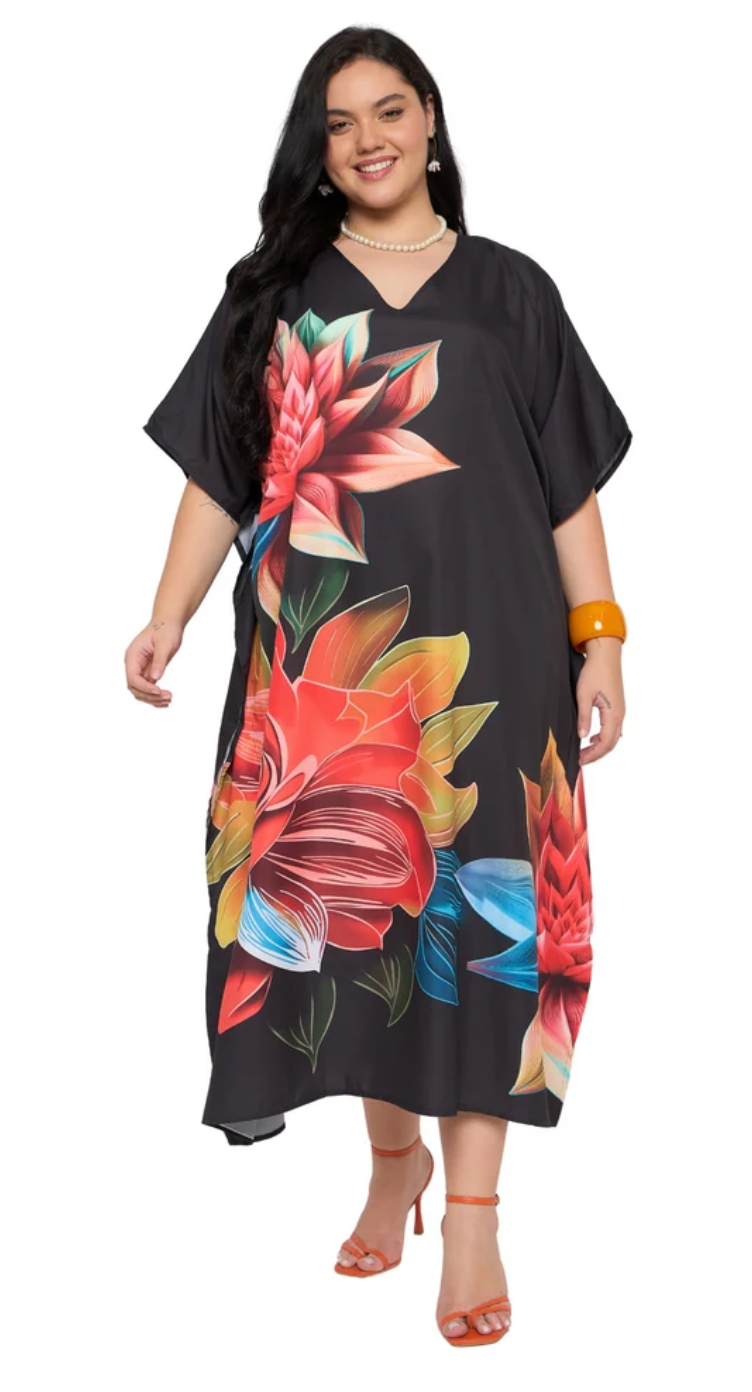 Black Tropical Floral Polyester Plus Size Kaftan for Women 1X-3X | GypsieBlu