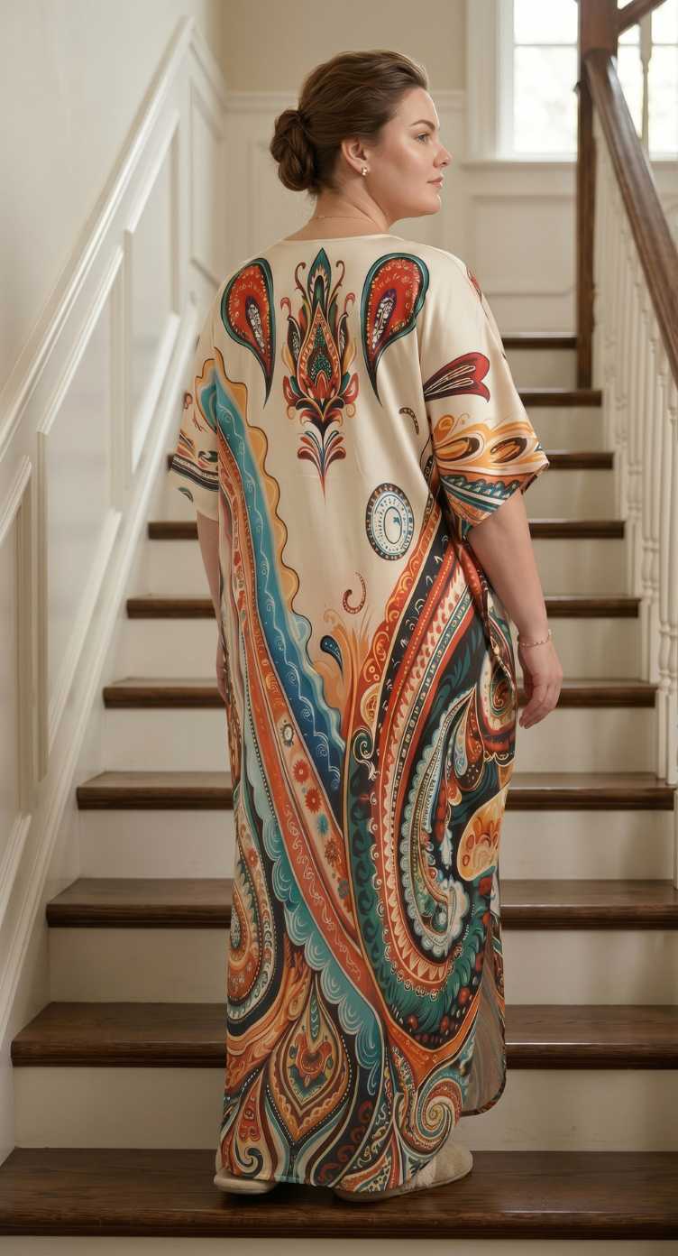 Ivory Paisley Print Polyester Women Plus Size Kaftan Vacation Dress 1X-3X
