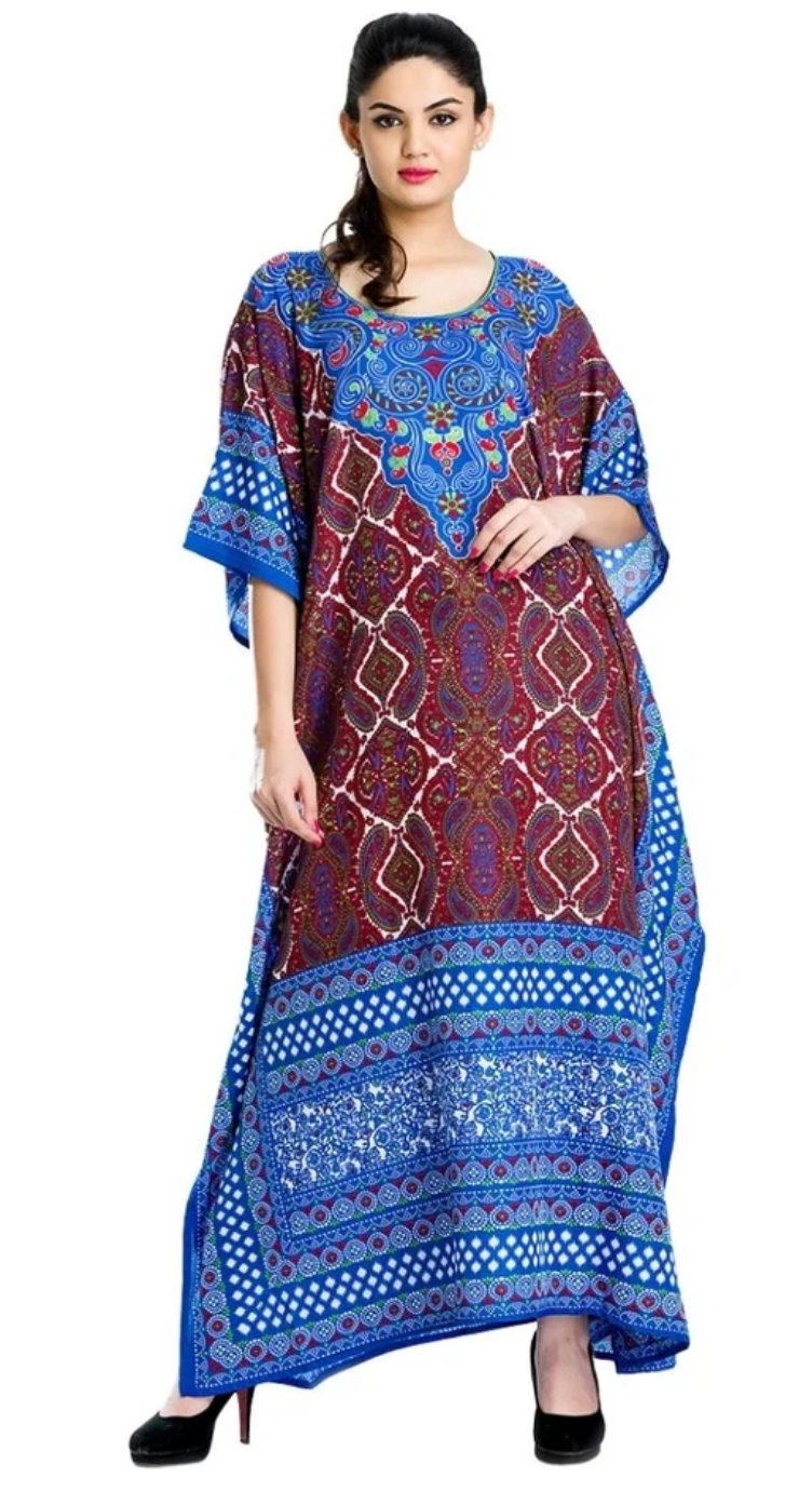 Blue Burgundy Damask Medallion Polyester Plus Size Kaftan for Women 1X-3X | GypsieBlu