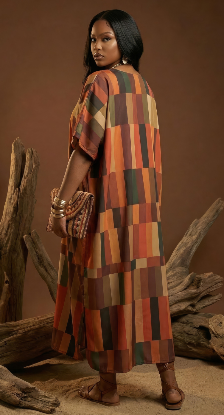 Rust Geometric Polyester Women Plus Size Kaftan Cruise Dress