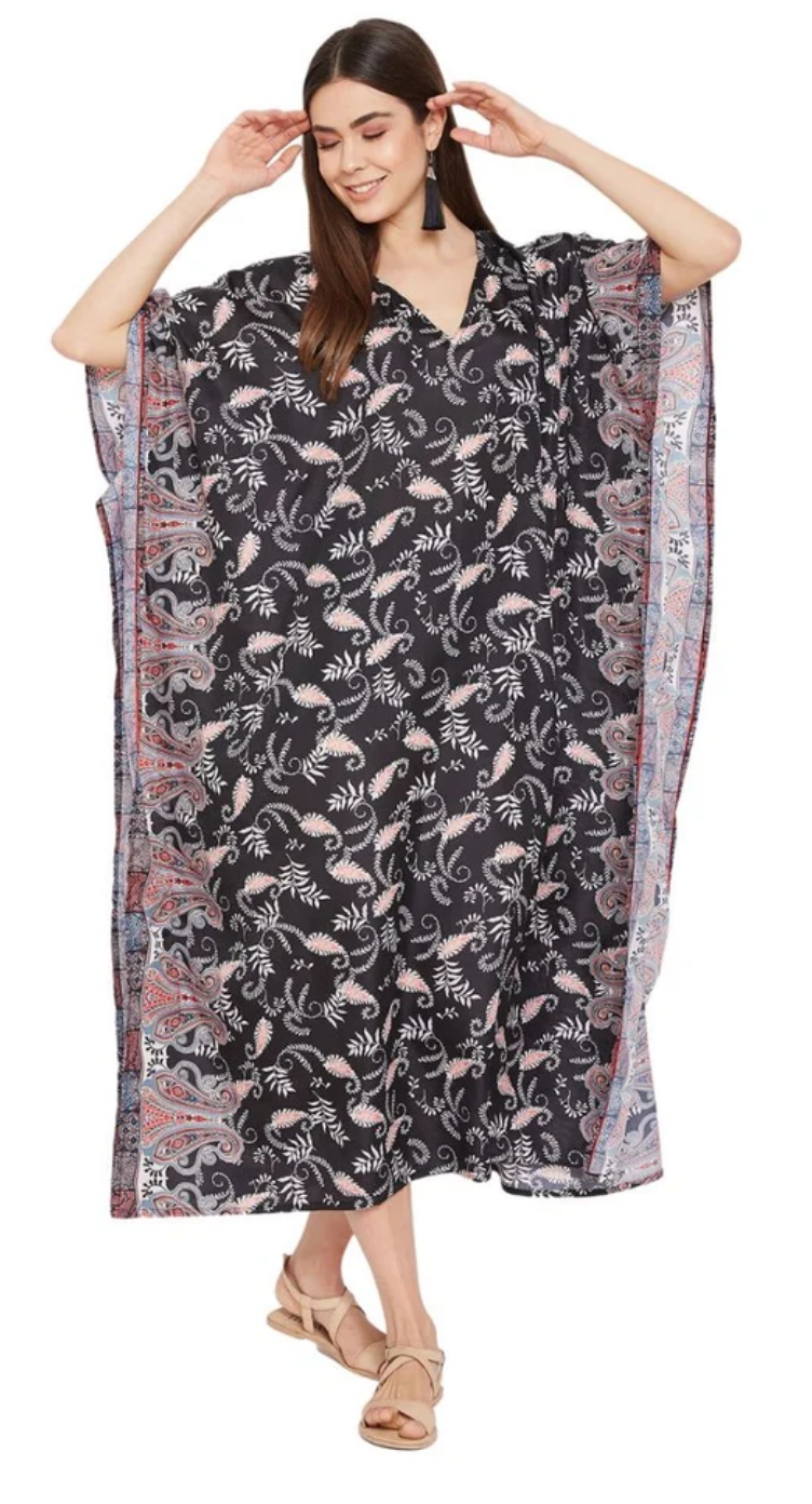 Black Paisley Floral Polyester Plus Size Kaftan for Women 1X-3X V Neck | GypsieBlu