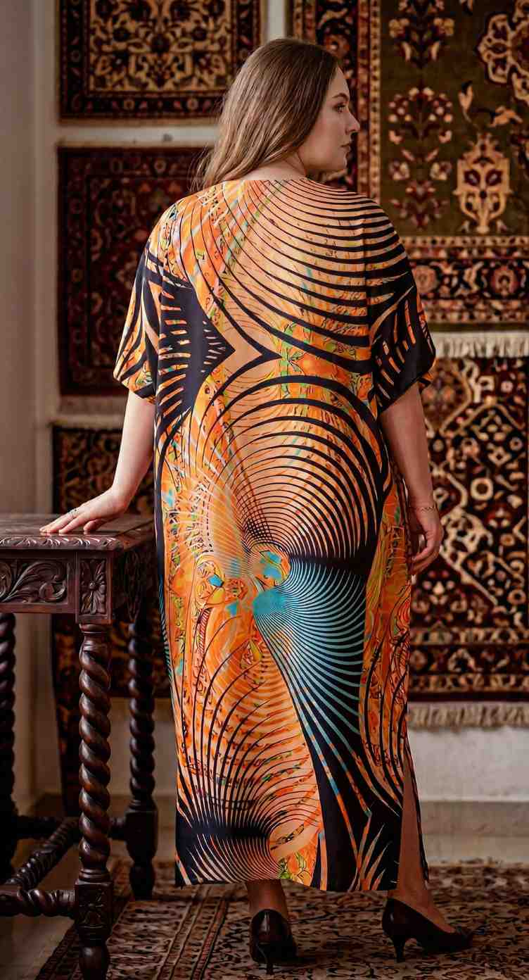Orange Abstract Print Polyester Women Plus Size Kaftan Summer Maxi Dress 1X-3X