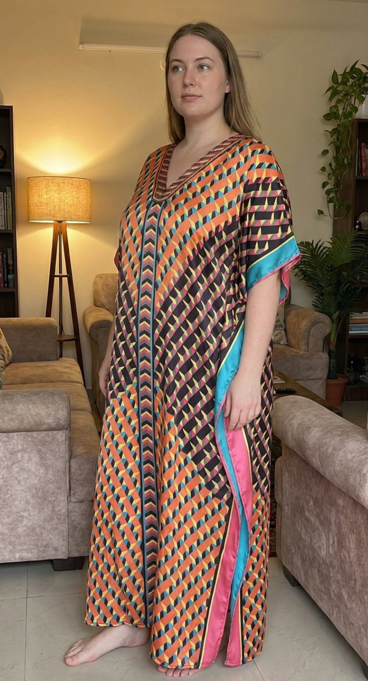 Multicolor Geometric Satin Women Plus Size Kaftan Brunch Dress