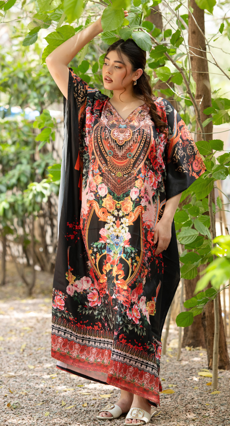 Black Floral Satin Women Plus Size Kaftan Beach Dress