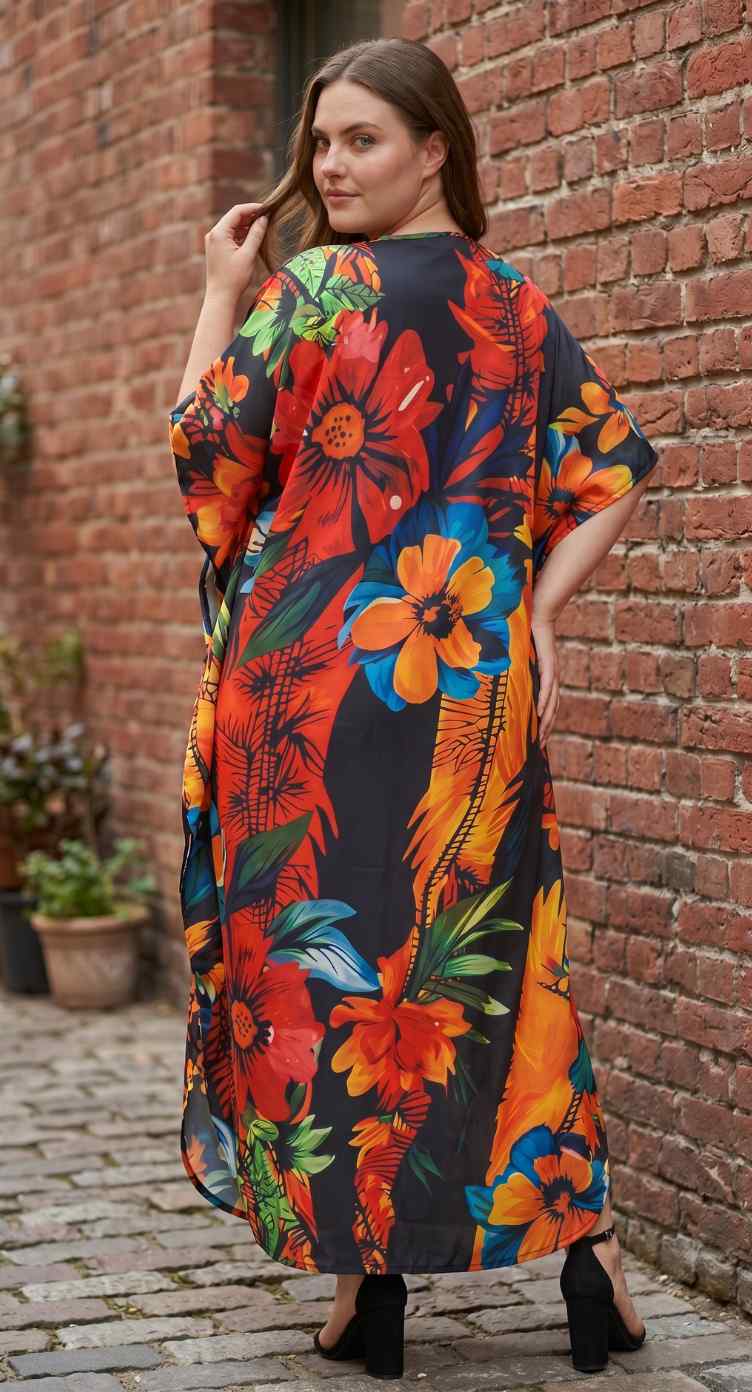Black Tropical Print Polyester Women Plus Size Kaftan Vacation Dress 1X-3X