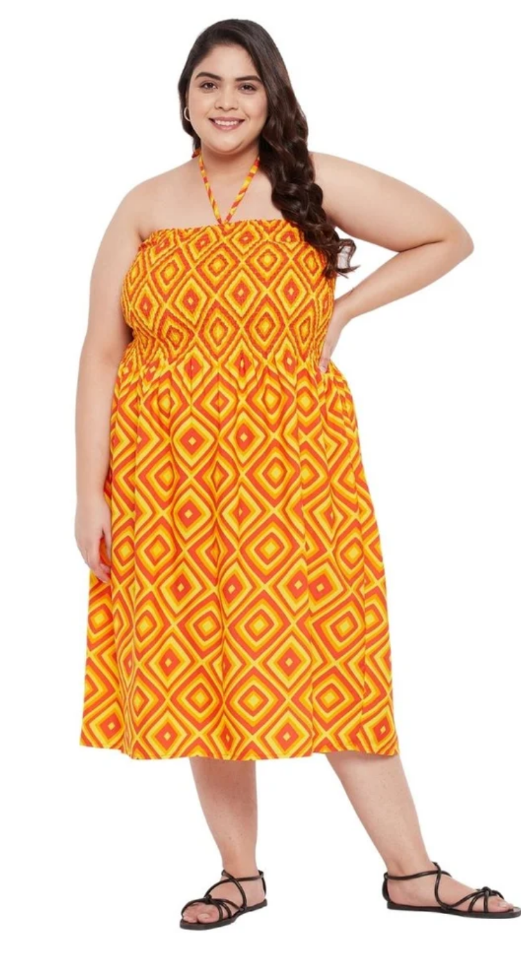 Orange Geometric Polyester Plus Size Tube Dress for Women 1X-3X | GypsieBlu