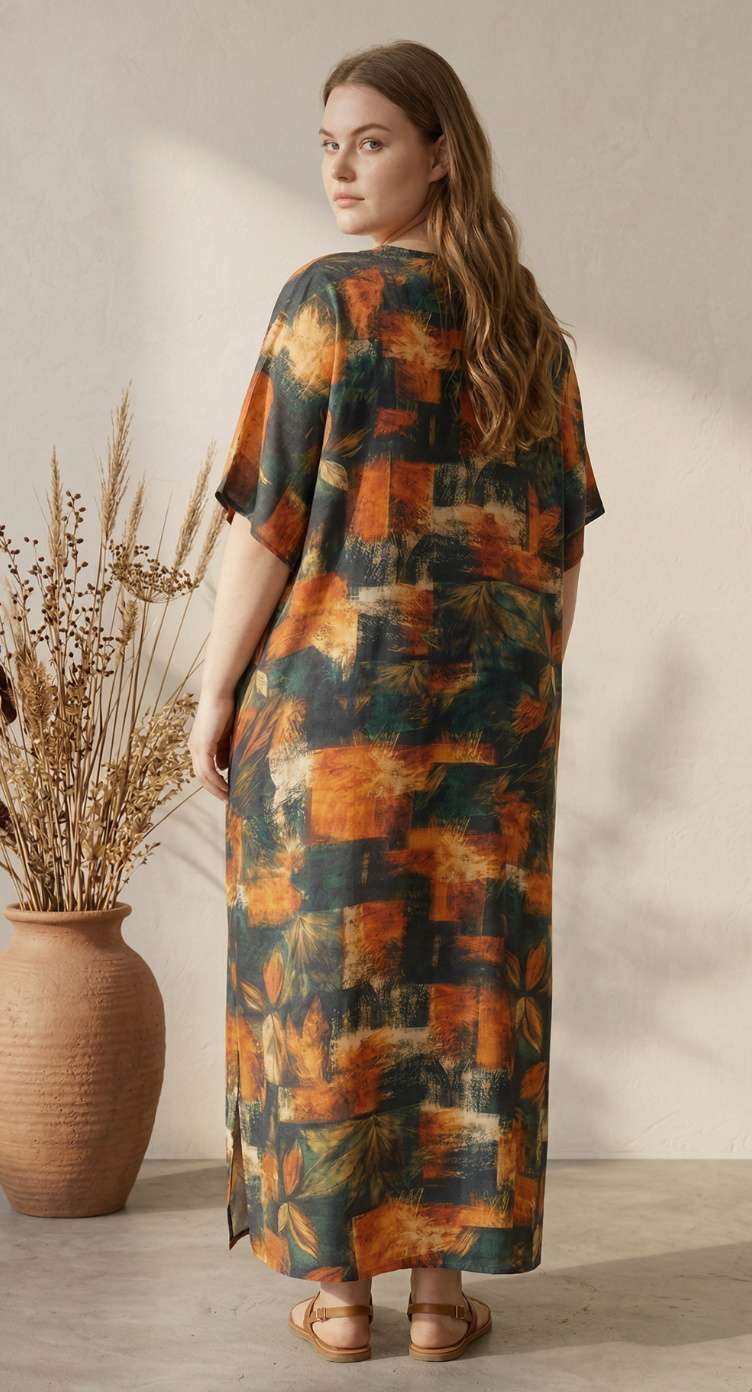 Orange Abstract Print Polyester Women Plus Size Kaftan Boho Maxi Dress 1X-3X