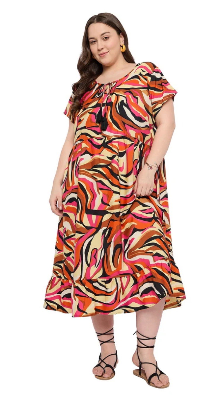 Multicolor Abstract Polyester Plus Size Midi Dress for Women 1X-3X | GypsieBlu