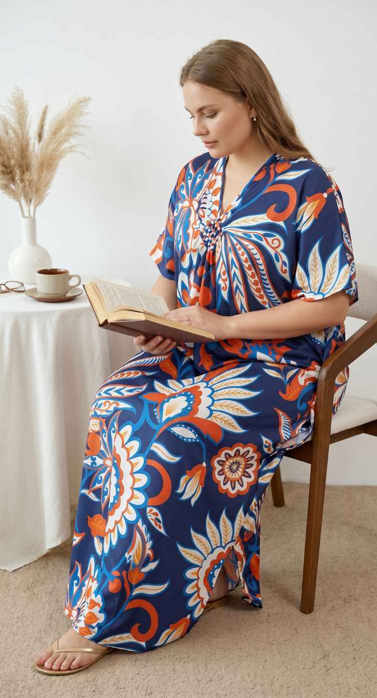 Royal Blue Floral Print Polyester Women Plus Size Kaftan Island Dress 1X-3X