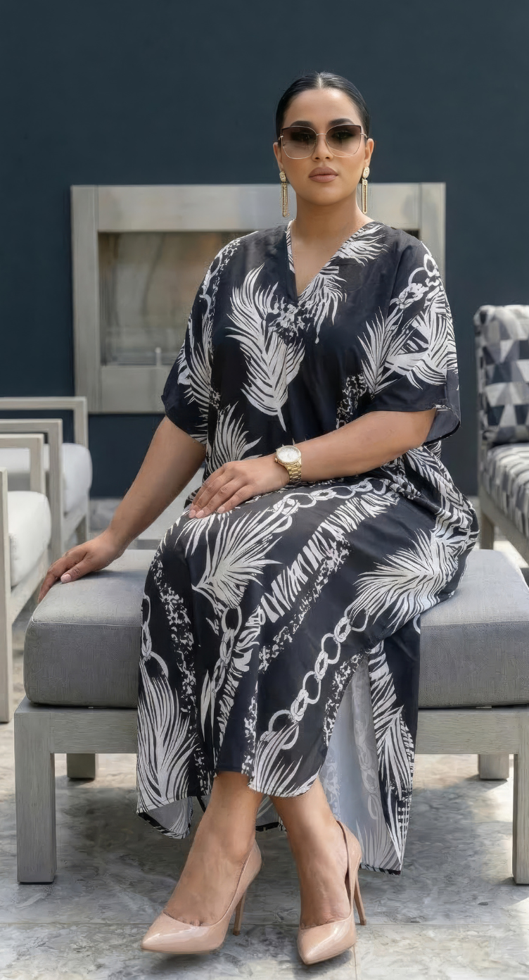Black and White Tropical Polyester Women Plus Size Kaftan Brunch Dress